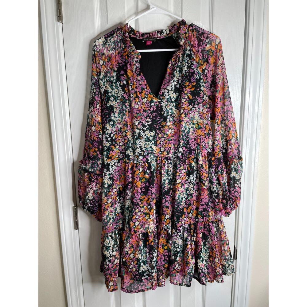 Vince Camuto Womens Lightweight Three Tier Mini Dress Sz Medium Black Floral NWT